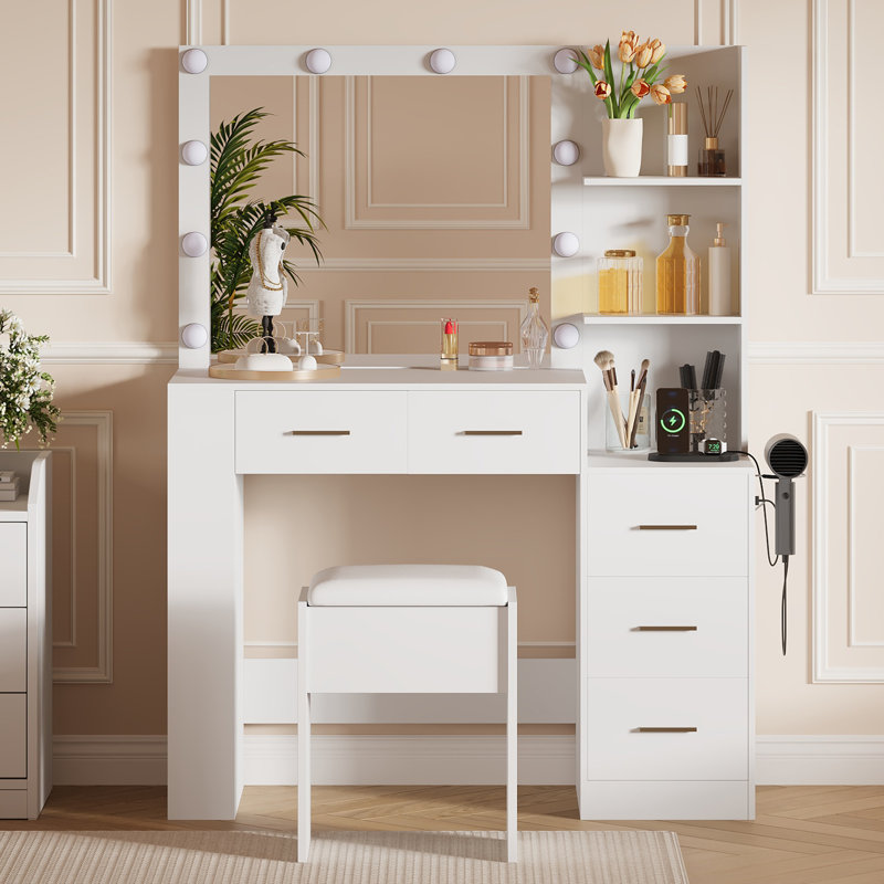 Makeup Vanity with Mirror and Stool, Power Outlet, Hairdryer Holder,  Lighted Vanity Table with 10 Bulbs, 5 Drawers, 3 Lighting Modes Brightness Adjustable Dressing Table for Bedroom