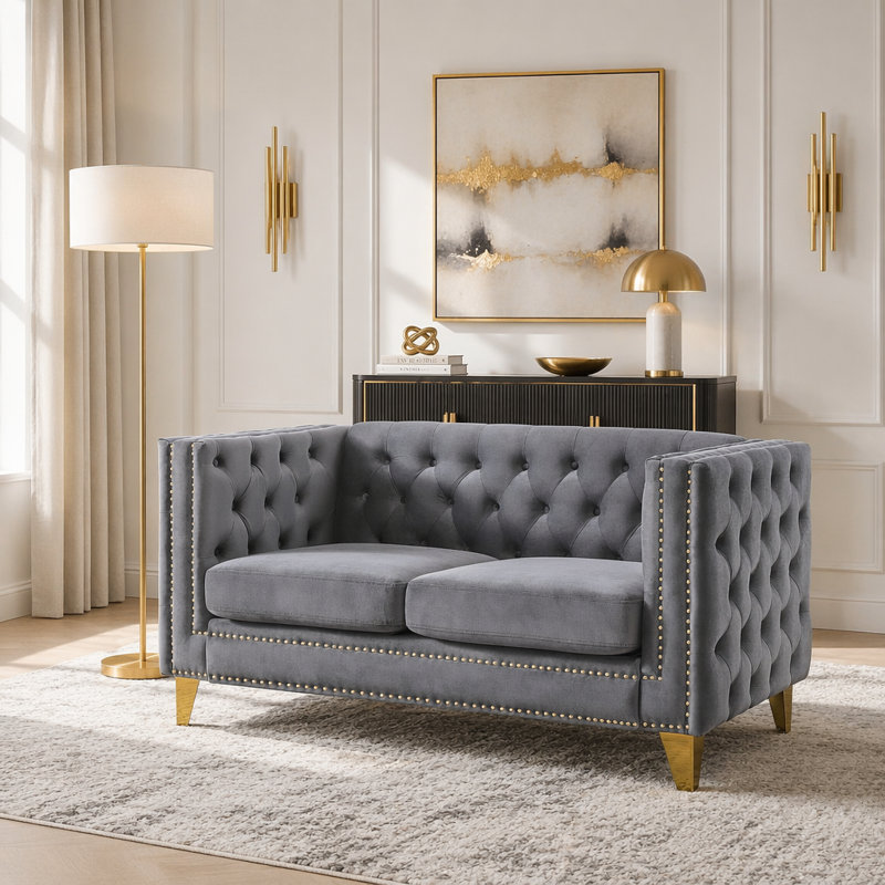 Canapé Chesterfield 2 places en velours capitonné, L 58 po, Velours gris velours