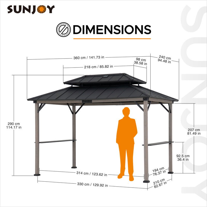 Sunjoy Wooden Grill Gazebo, 8 x 12 ft. Steel Hardtop Gazebo with Solar Power for Year-Round Grilling - 2 Full Size Grills, Griddles or Smokers - Outdoor Cooking Shelter for Backyard BBQs Party