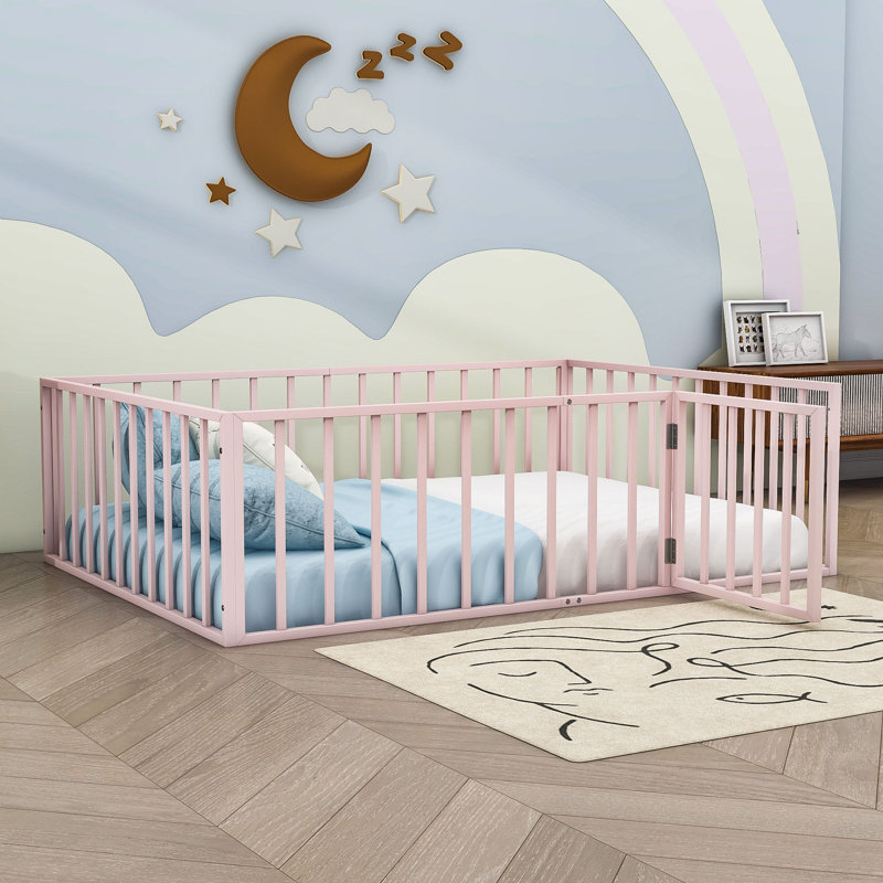 Idonah Metal Floor Bed with Fence and Door, Pink, Full