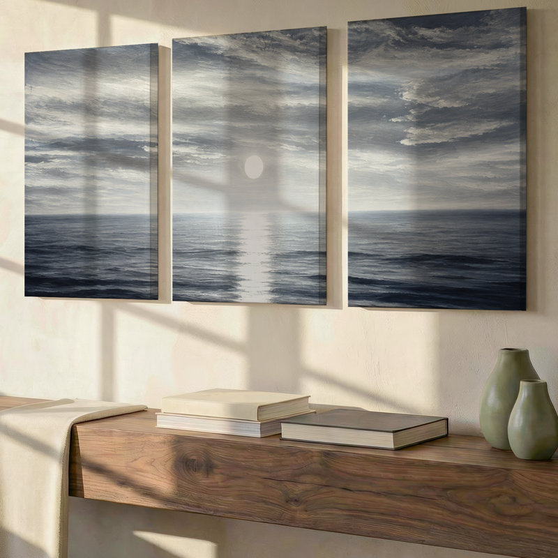 3 pièces, art mural grand paysage clair de lune brumeux au coucher de soleil, 14 x 33 po