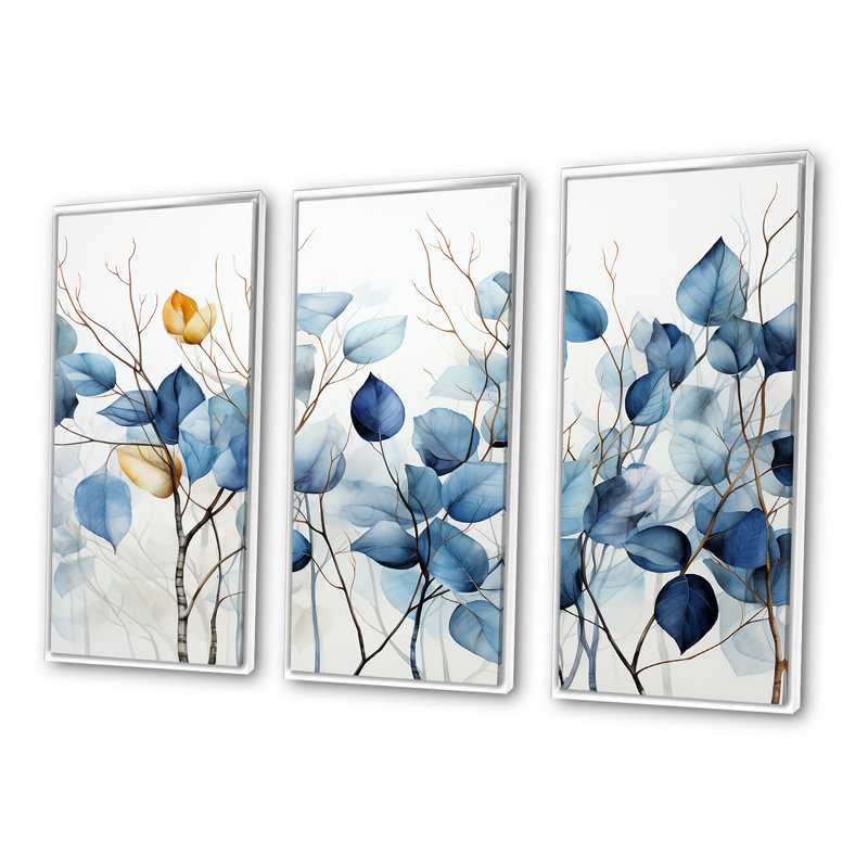 Ensemble d'art mural bleu et gris sur une branche II - feuilles, Cadre flottant blanc, H 32 po x l 48 po x P 1 po