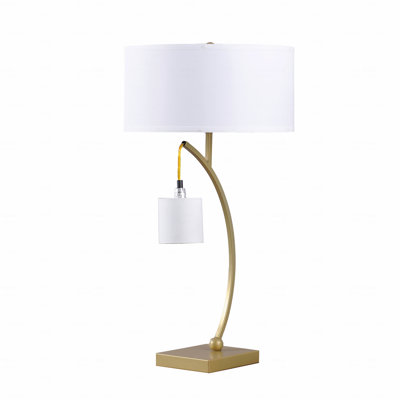 Lampe de table contemporaine 28,5 po à double arc en métal doré avec abat-jour tambour en coton / lin et interrupteur à 3 voies - Éclairage décoratif moderne