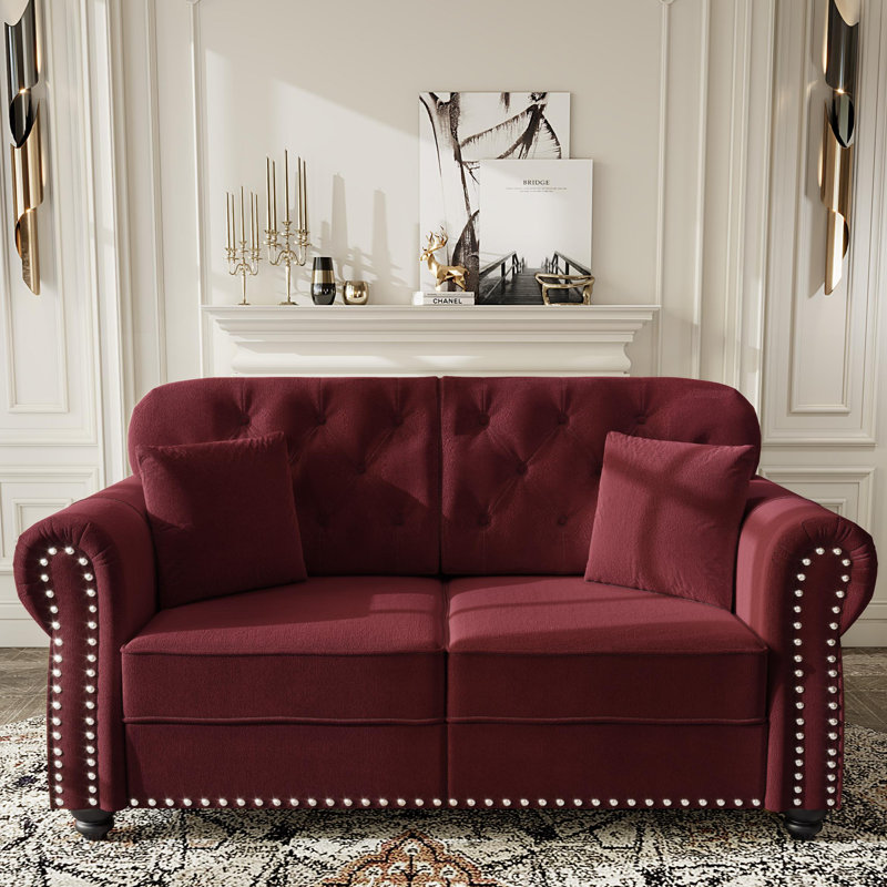 63" Velvet Upholstered Chesterfield Sofa Rolled-Arm Loveseat Couch with 2 Pillows, Burgundy