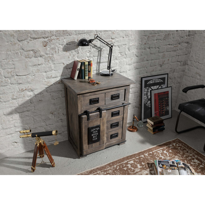 Railway Solid Wood 70 cm W Chest of 5 Drawers, Grey