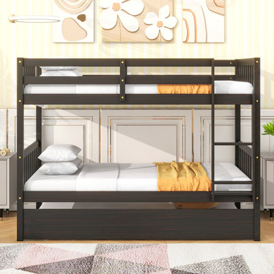 Lit superposé simple au-dessus de simple en bois d'hévéa avec lit gigogne, convertible en lit simple, lit superposé simple avec échelle et garde-corps de sécurité