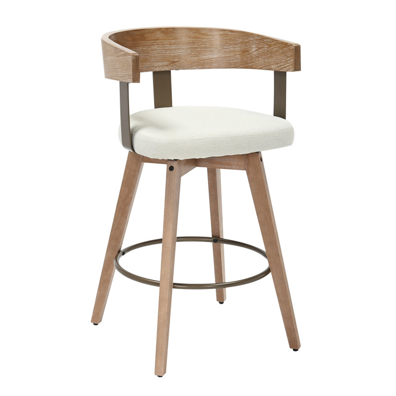 26" Modern Swivel Counter Height Bar Stool with Performance Fabric Upholstery, Curved Wood Back & White-Washed Oak Legs, Ivory – Janice by Pipp & Liv (Single)