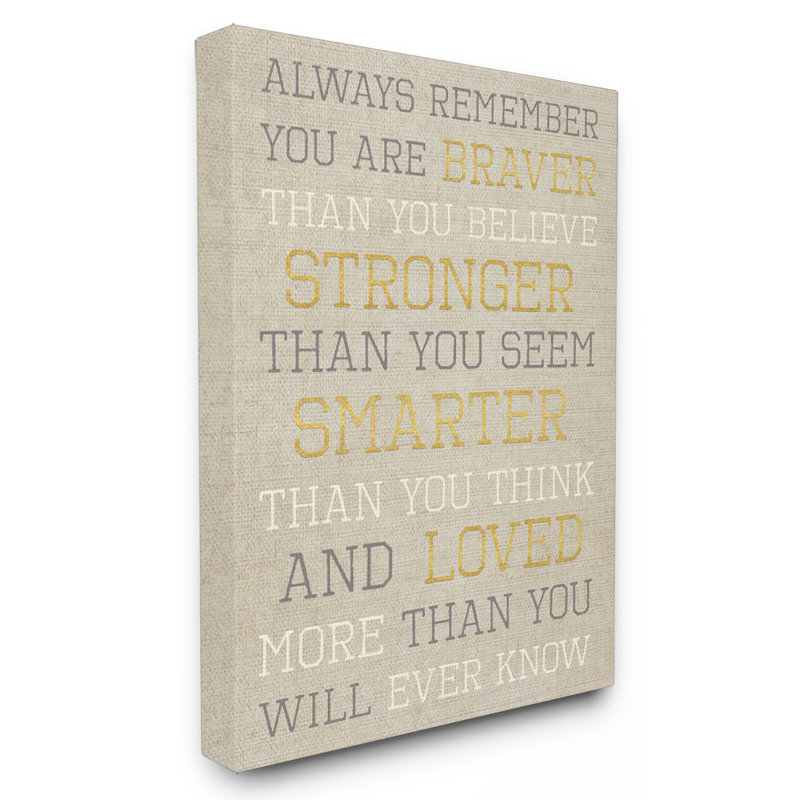 «Always Rappel Braver Stronger Smarter Lived», art textuel, H 20 po x l 16 po, Toile tendue