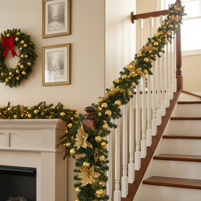 270cm Lighted Faux Poinsettia Garland with Lights