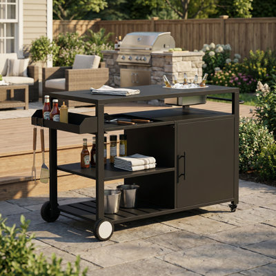 Outdoor Kitchen Island Cart With Ice Bucket, Metal Bar Cart With Large Storage Capacity, Cabinet, Shelves And Towel Bar, Black