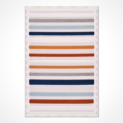 Tapis moderne / rayé crème lavable à la machine antidérapant
