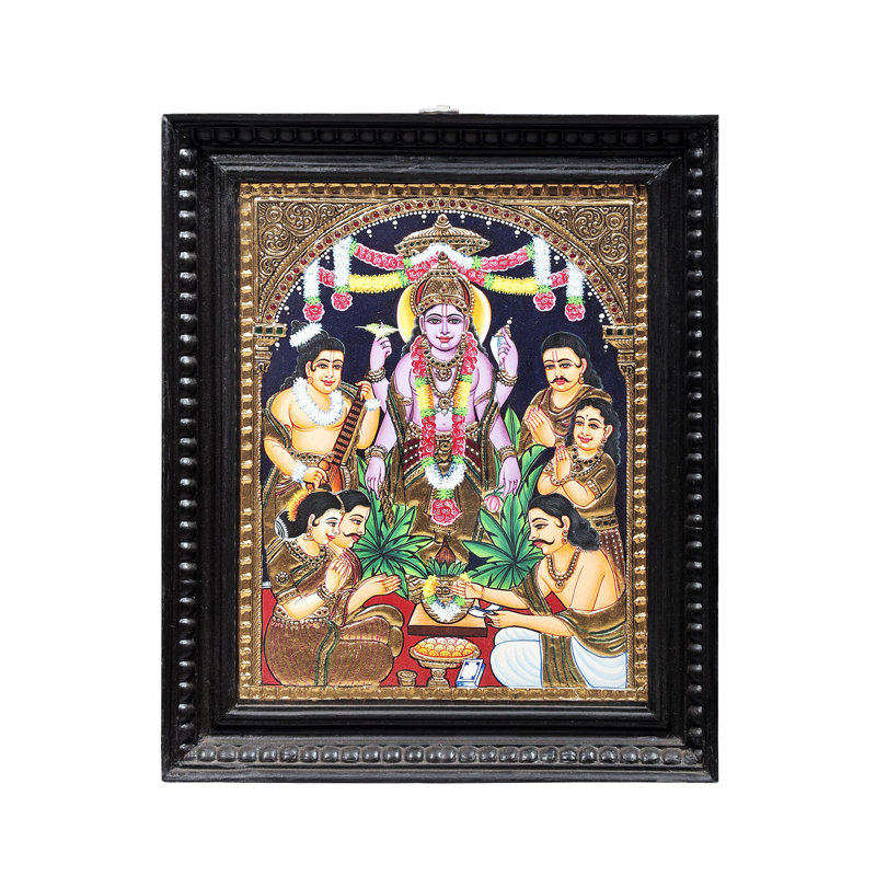 Lord Vishnu Tanjore, peinture | Couleurs traditionnelles avec or 24 carats | Structure en bois de teck