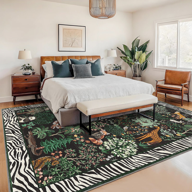 Jungle Rug Washable Animal Living Room Carpet, Non-Slip Non-Shedding Modern Floor Mats, Foldable Low Pile Accent Indoor Rug for Bedroom, Kitchen, Office