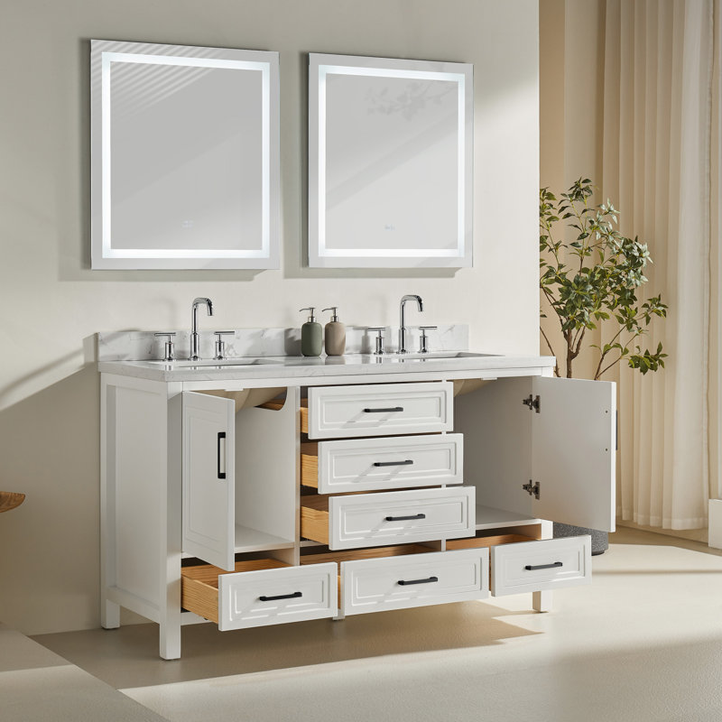 Luxueux meuble-lavabo double | Armoire autoportante entièrement assemblée | Comprend 2 ensembles de poignées libres pour la personnalisation (119 caractères)