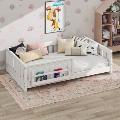 Solid Wood Platform Bed With Built-In Bookshelf And Safety Guardrail And Storage Shelves