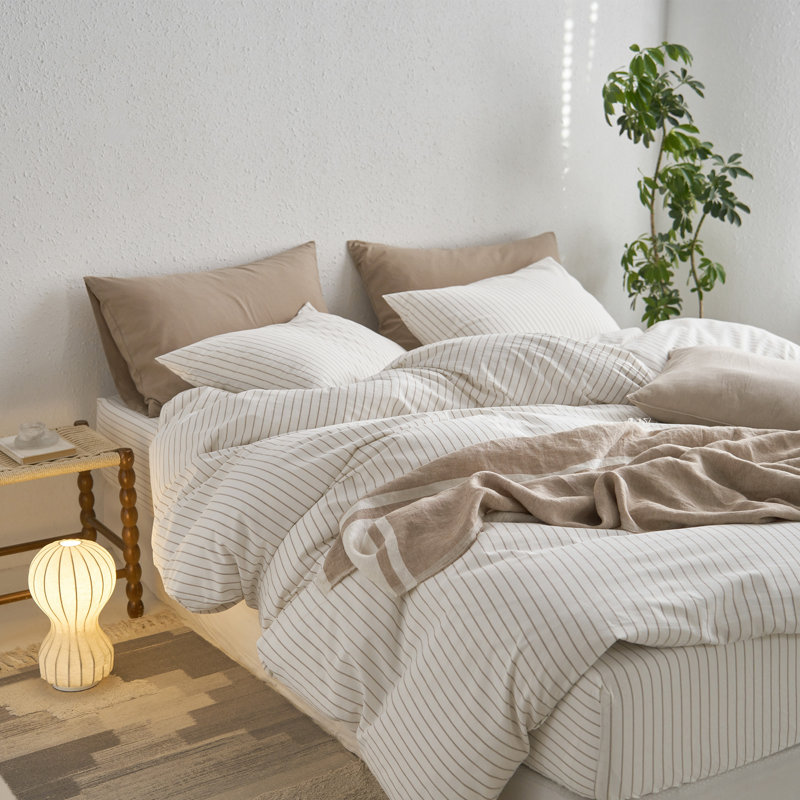 Striped Duvet Cover Set 100% Washed Cotton Linen Like Textured, Queen Duvet Cover + 2 Standard Pillowcases