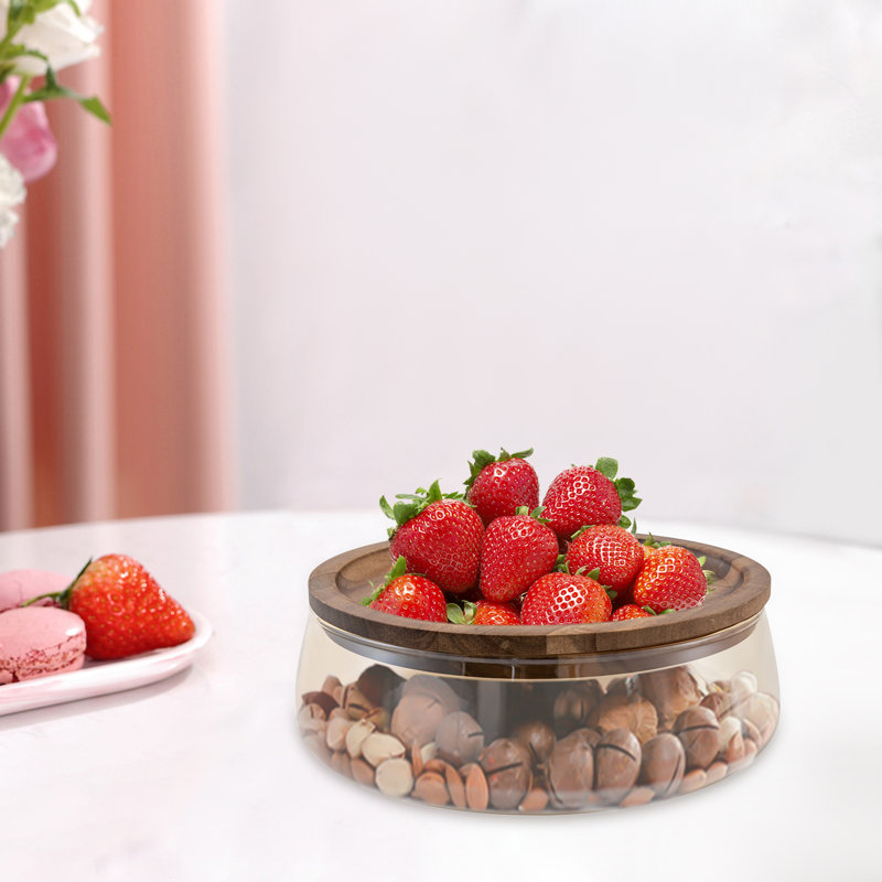 Glass Candy and Nuts Serving Container Food Storage Platter with Wooden Lid, Ivory