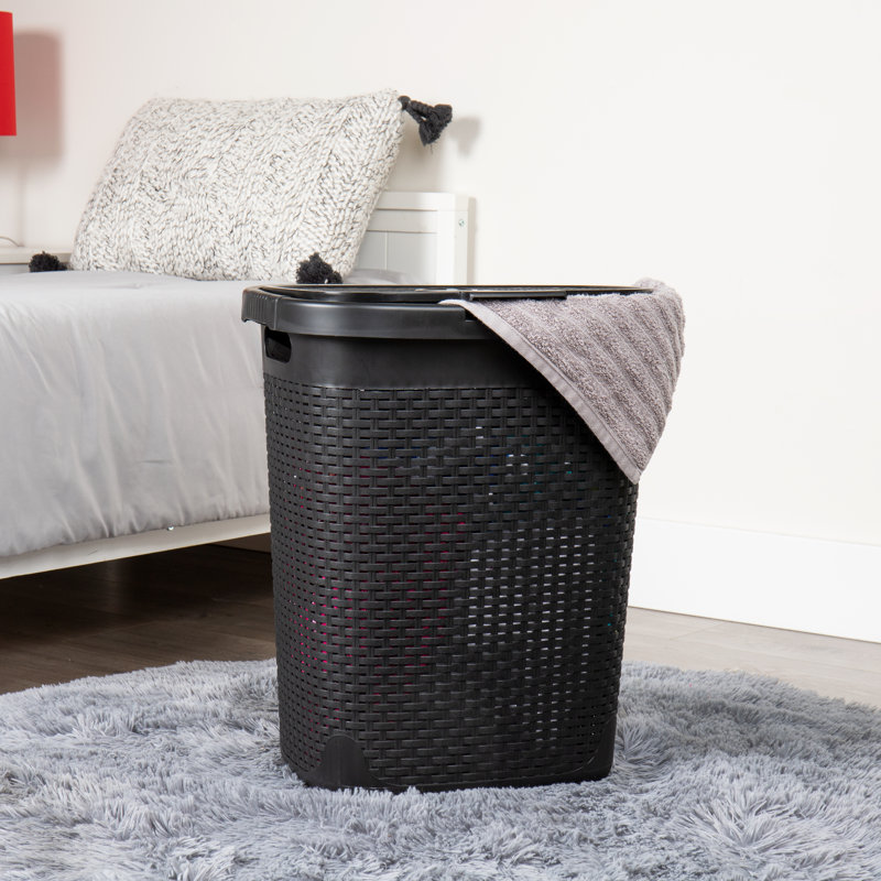 50L Slim Laundry Hamper, Clothes Basket, Lid, Wicker Design, Plastic, Black, 21" H x 17.65" W x 13.75" D