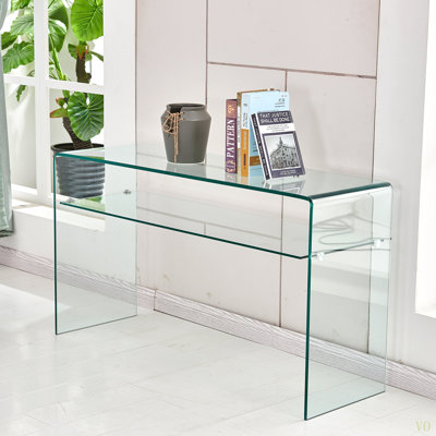 Console en verre, console en verre trempé transparent avec bureaux à bords arrondis, table de canapé