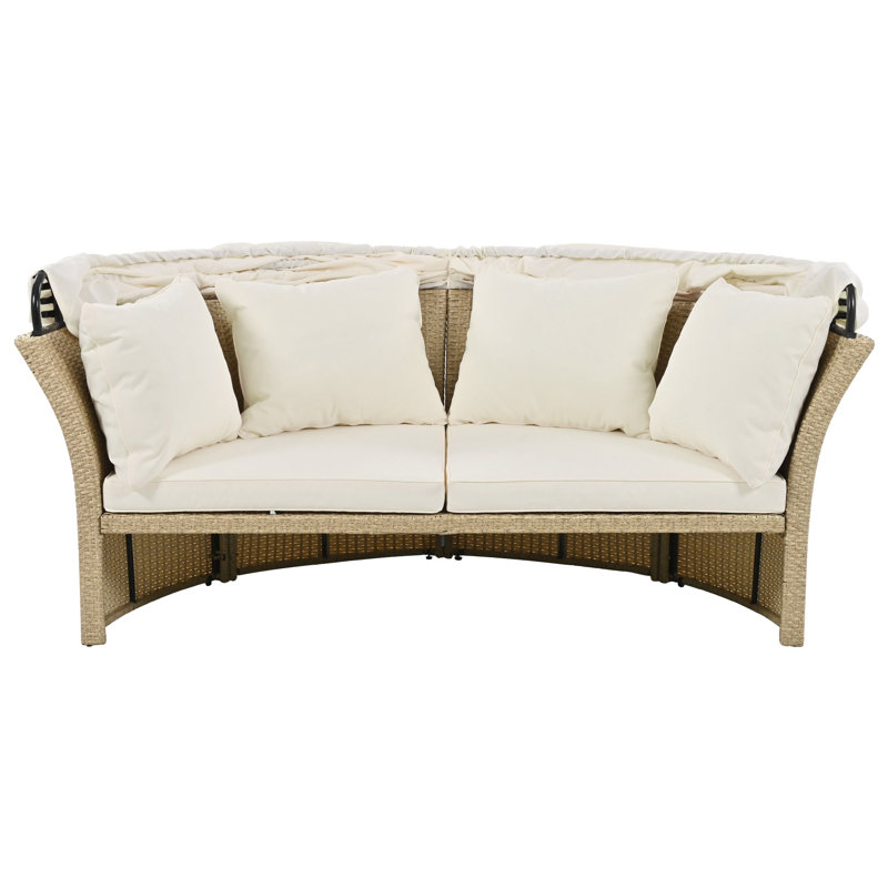Outdoor Patio Daybed Wicker Rattan Double Daybed Round Sofa Furniture Set With Retractable Canopy, 4 Pillows For Lawn Garden Backyard Porch Pool, Beige