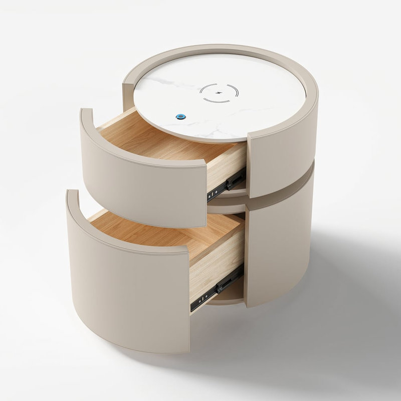Saddle Leather Round Bedside Table With Sintered Stone Top, Led Light & Wireless Charging