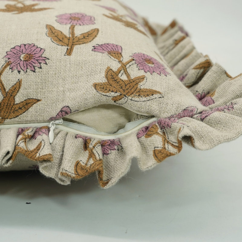 Tissu en lin fait à la main avec housse de coussin à motif floral en lin, taille à rebord à double face - 20 po x 20 po