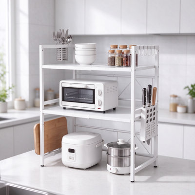 3-Tier Expandable Microwave Shelf for Cluttered Kitchens, Height & Width Adjustable Kitchen Counter Organiser with Hooks, Knife Holder, Chopping Board Rack & Cutlery Box, White