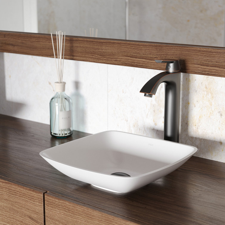 VIGO White Begonia Handmade Countertop Matte Stone Square Vessel Bathroom Sink in Matte White