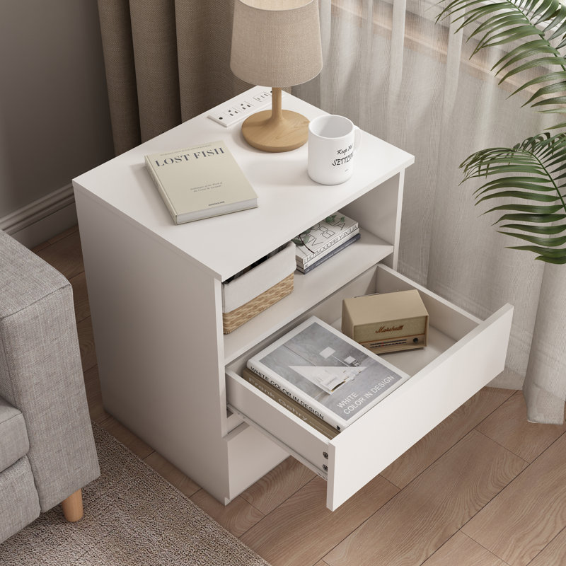 Table de chevet avec station de charge et 2 tiroirs (ensemble de 2), Blanc