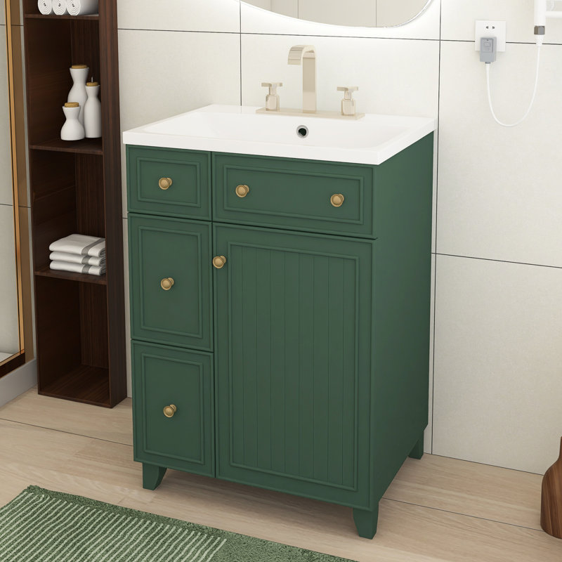  Armoire de salle de bain en panneau de fibres à densité moyenne avec lavabo en céramique, deux tiroirs et une porte à fermeture en douceur