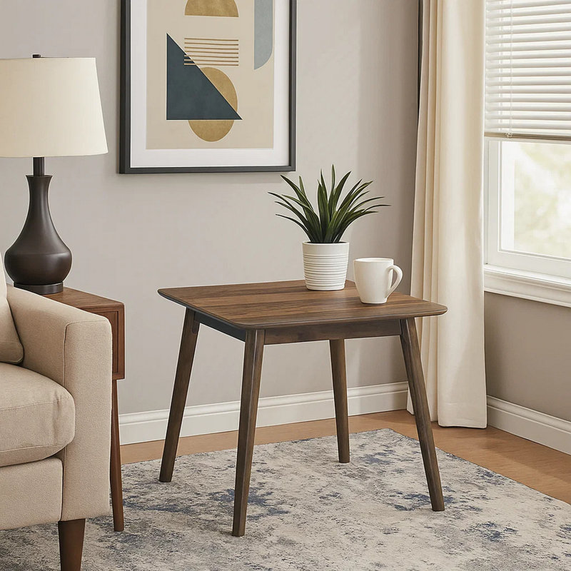 Fexy Side End Table, 24 Inch Square Top With Angled Legs, Walnut Brown