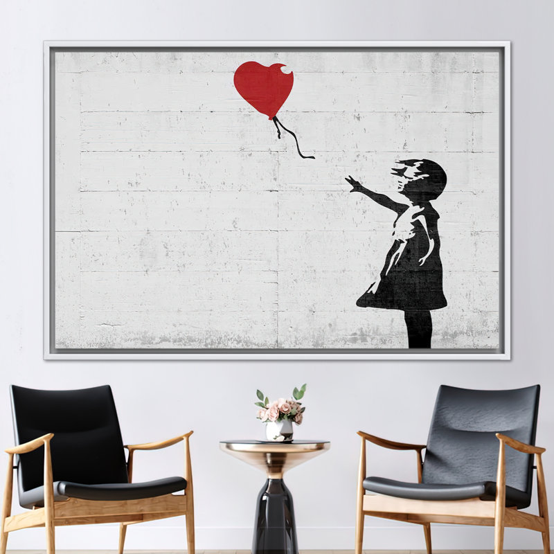 Modern Banksy Balloon Girl Canvas Print - Abstract Graffiti Wall Art for Home Decor, White, Floater Framed Print without Mat