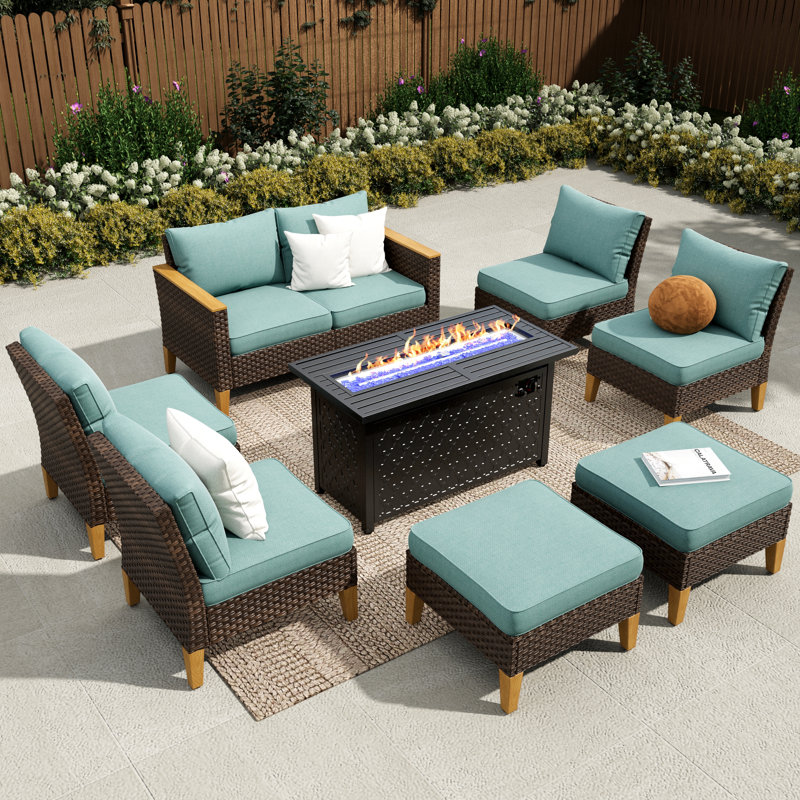 Phenice 9 - Person Wicker Outdoor Patio Conversation Furniture Sectional Set with Fire Pit Table, Blue