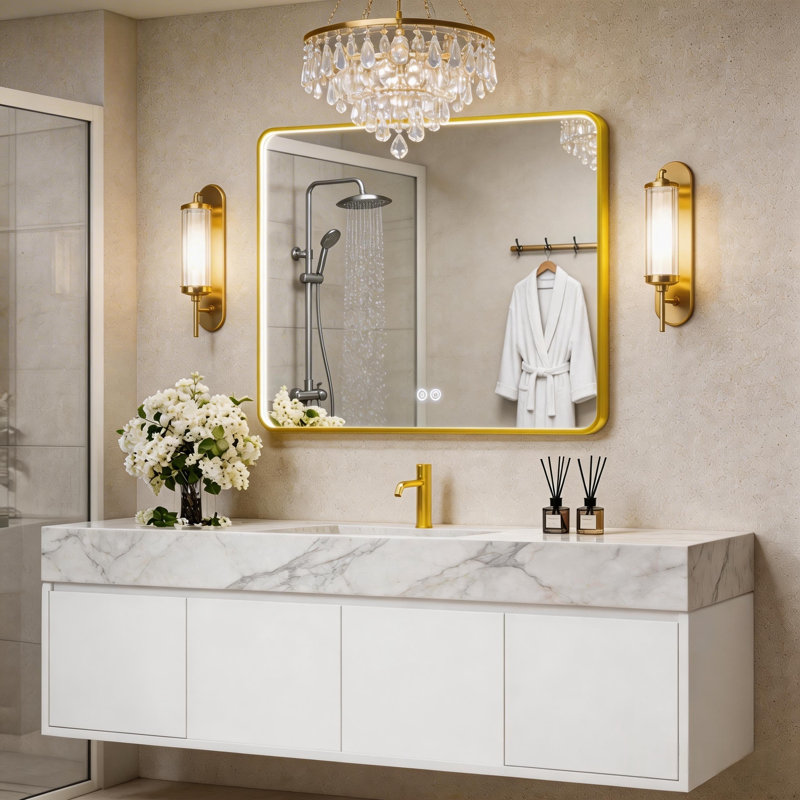 Miroir de salle de bain avec cadre en aluminium et éclairage à DEL, 40 po x 30 po, Doré