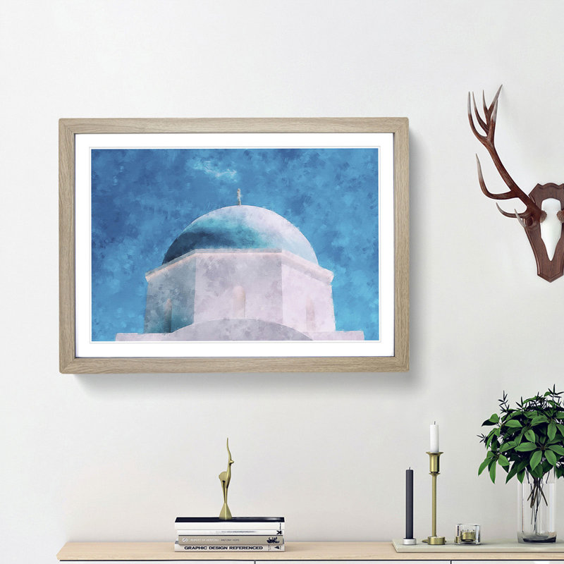 Blue Domed Church In Santorini Painting - Single Picture Frame Print on MDF, Black, 33cm H x 45cm W x 2cm D