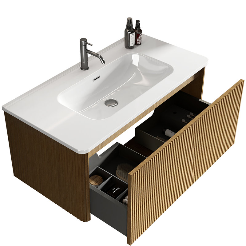 Meuble-lavabo rayé en chêne naturel 36 po, fixé au mur, pré-assemblé, lavabo en céramique blanche, quincaillerie, pelliculage, chêne en forme de U moderne, lavabo, bords arrondis, tiroir spacieux avec