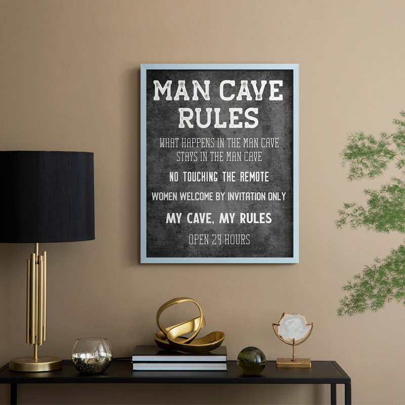 «Man Cave Rules», reproduction encadrée - bois massif, H 15 po x l 12 po, Bleu