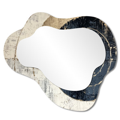 Minimalist Asymmetrical Wall Mirror – Beige and Blue Celestial Spiral Balance, Metal Print