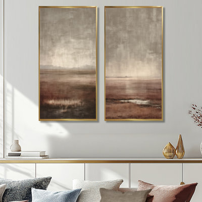 «Vintage Minimalisme Coastal Sunset Landscape - Sunset», art mural 2 pièces, paysage brun