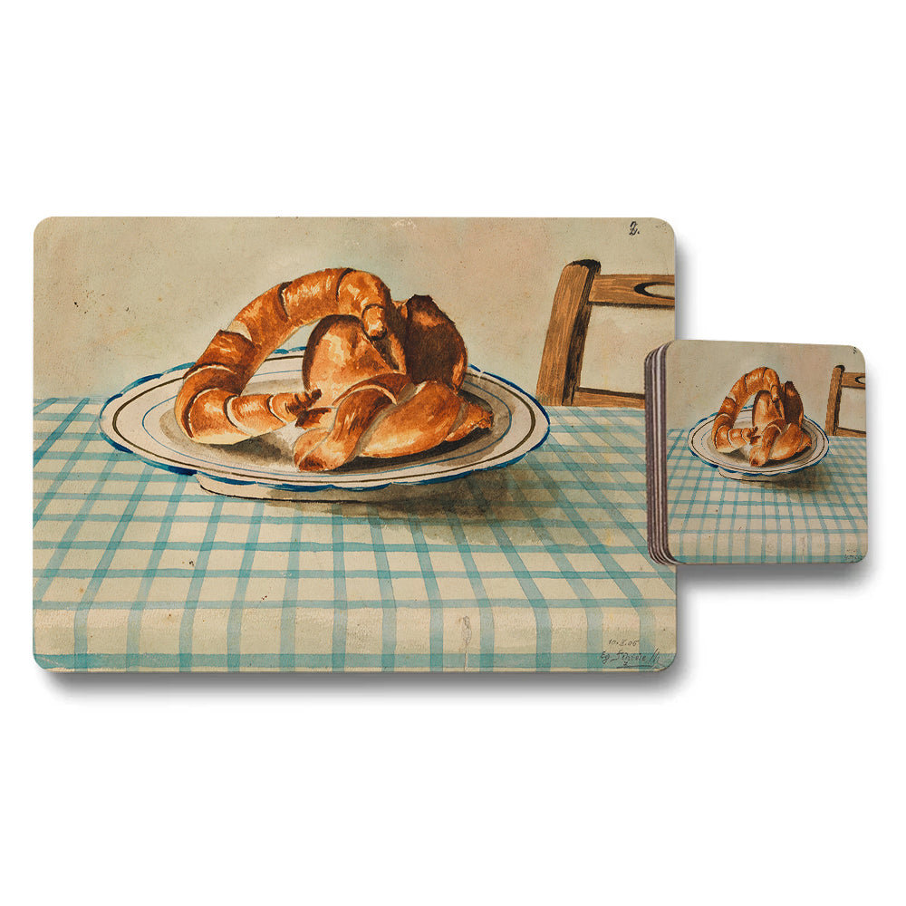 Croissant On Plate Placemat And Coaster Set With Checkered Tablecloth
