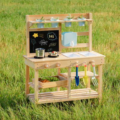 Cuisine de boue en bois pour tout-petits ROBUD, cuisine de jeu extérieure avec évier, cuisinière, pots de plantation, tableau noir, tablette de rangement et accessoires de cuisine, jouet de jeu pour enfants de 3 ans et plus