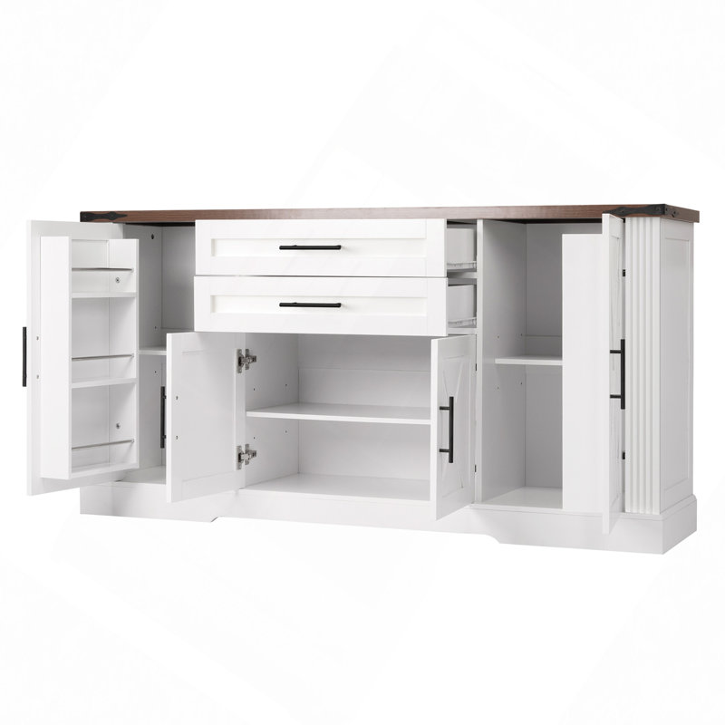 Armoire de rangement avec porte de grange de 63 po avec 2 tiroirs et porte, grande armoire de table basse avec tablettes réglables pour la cuisine, le salon, le vestibule et la salle à manger
