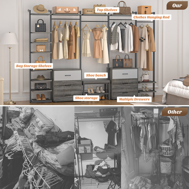 68"-96" Closet Organizer With 6-Drawers,4 Clothing Rack, Gray