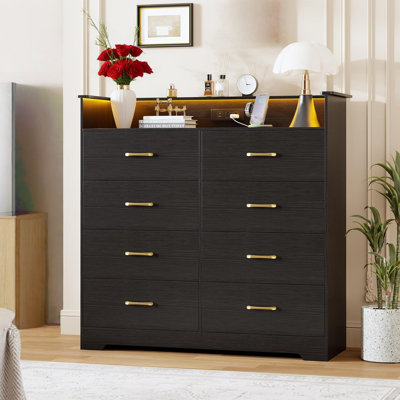 8 Drawer Dresser for Bedroom Double Chest of Drawers with LED Light Charging Station Modern Large Cabinet Organizer with Open Shelf for Living Room Entryway Hallway Black