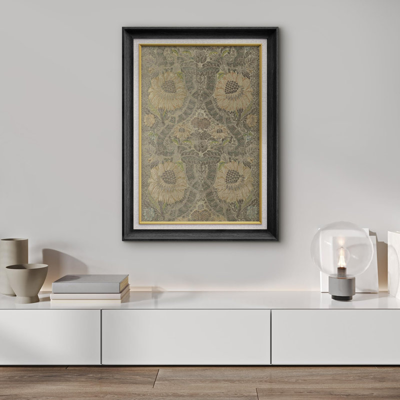 Tapisserie botanique florale encadrée sur papier, Cadre noir, Pas de tapis