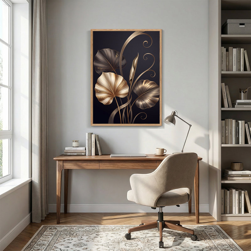 Art mural sur toile feuilles dorées et bronze sur fond foncé, 48"H x 32"W