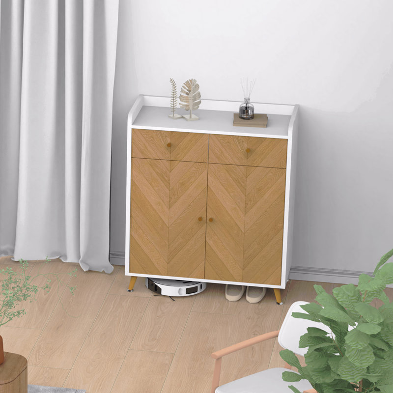 Herringbone Wood 2-Door Shoe Storage Cabinet With Adjustable Shelves - 4-Tier Rack Organizer With Drawer, Freestanding, White