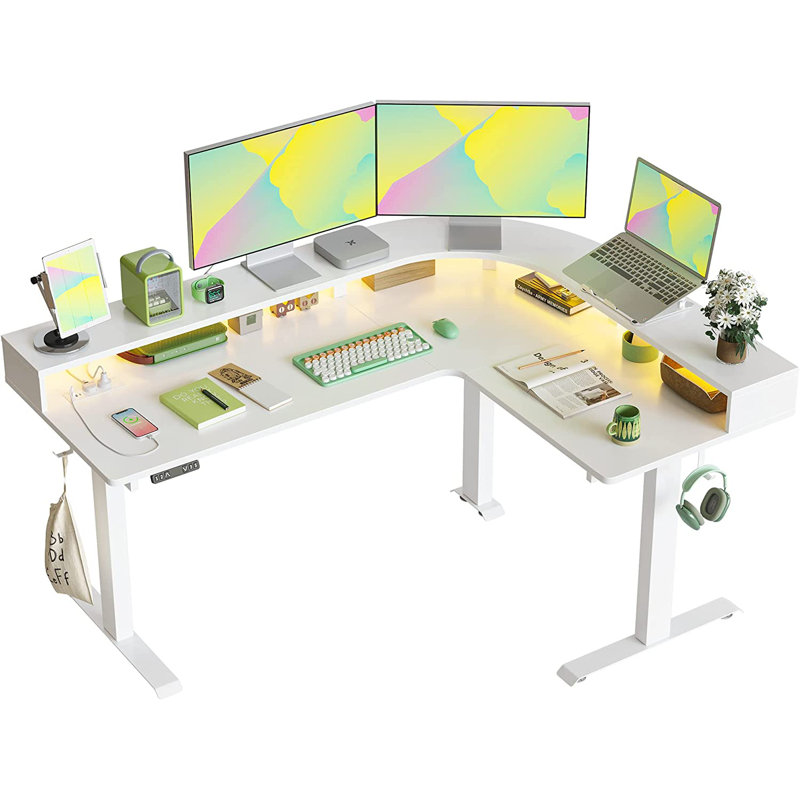 Bureau triple en L avec barre DEL, Blanc