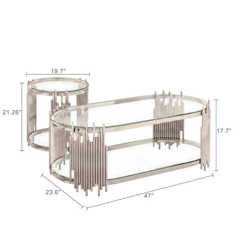 Ensemble de tables basses et tables d'appoint Modern Luxury, 2 tables gigognes ovales en verre avec tiges verticales en métal et finition chrome poli pour le bureau du salon
