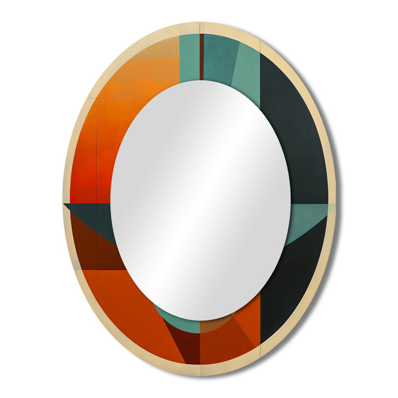 Odyssey Midcentury Retro Abstract Geometrics III - Beige Mid-Century Oval Wall Mirror, 43" x 33"